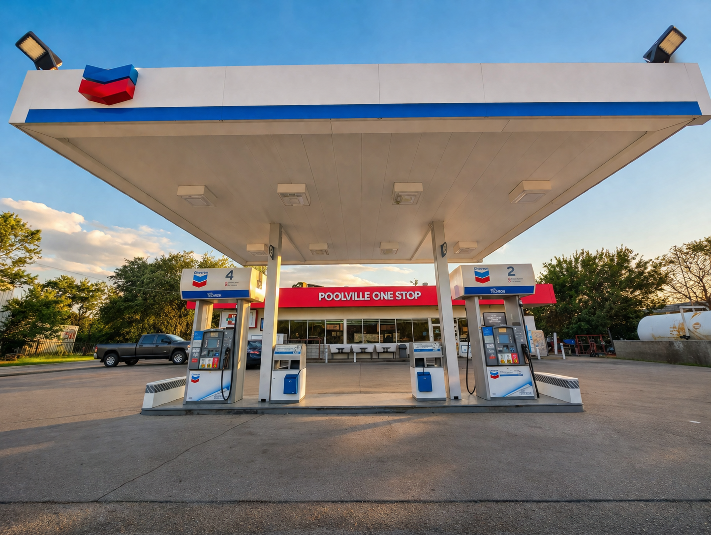 Poolville One Stop gas station at golden hour